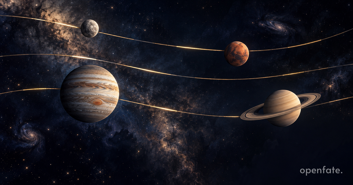 惑星の期間を象徴する金色の線に沿って、水星、火星、木星、土星を並べたイラスト。