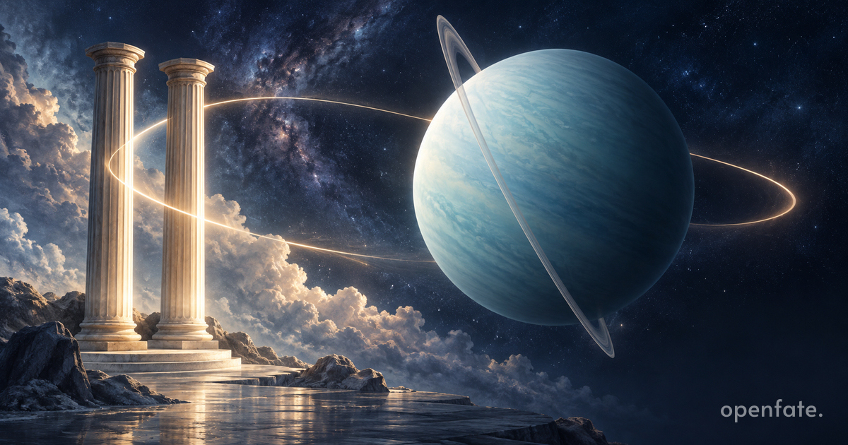淺藍色天王星、雙柱與回返的金色曲線，象徵天王星過境雙子座的插畫。