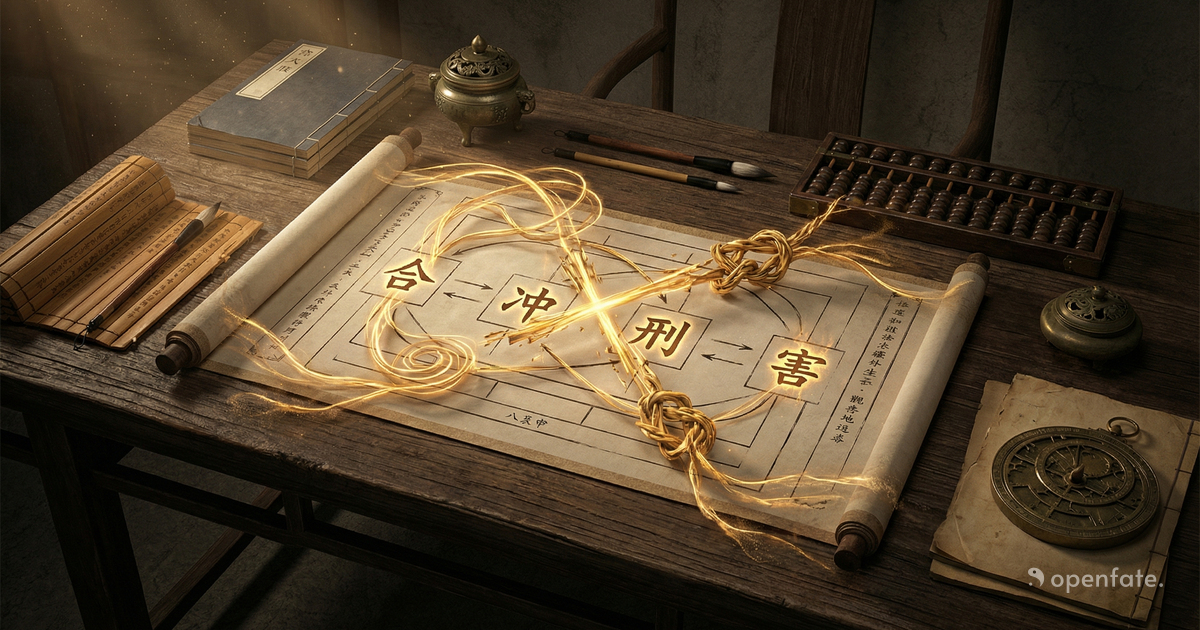 A premium, abstract, and artistic representation of He, Chong, Xing, and Hai in Bazi (Combinations, Clashes, Punishments, and Harms)