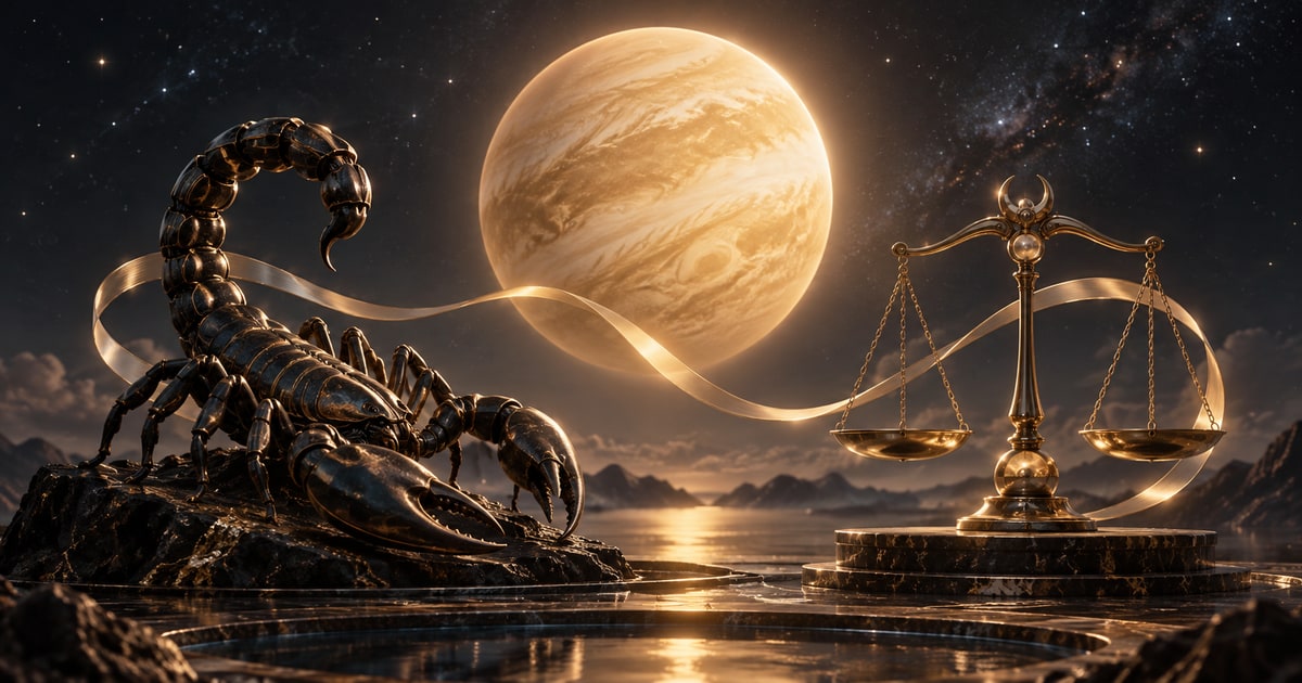 Golden Venus between scorpion and balance-scale sculptures, an illustration of the Scorpio–Libra passage.