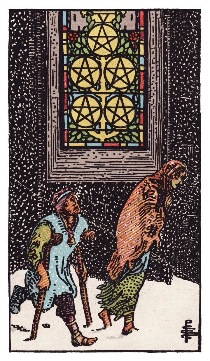 Five of Pentacles: Two poorly clothed figures cross snow outside a lit stained-glass window bearing five pentacles.