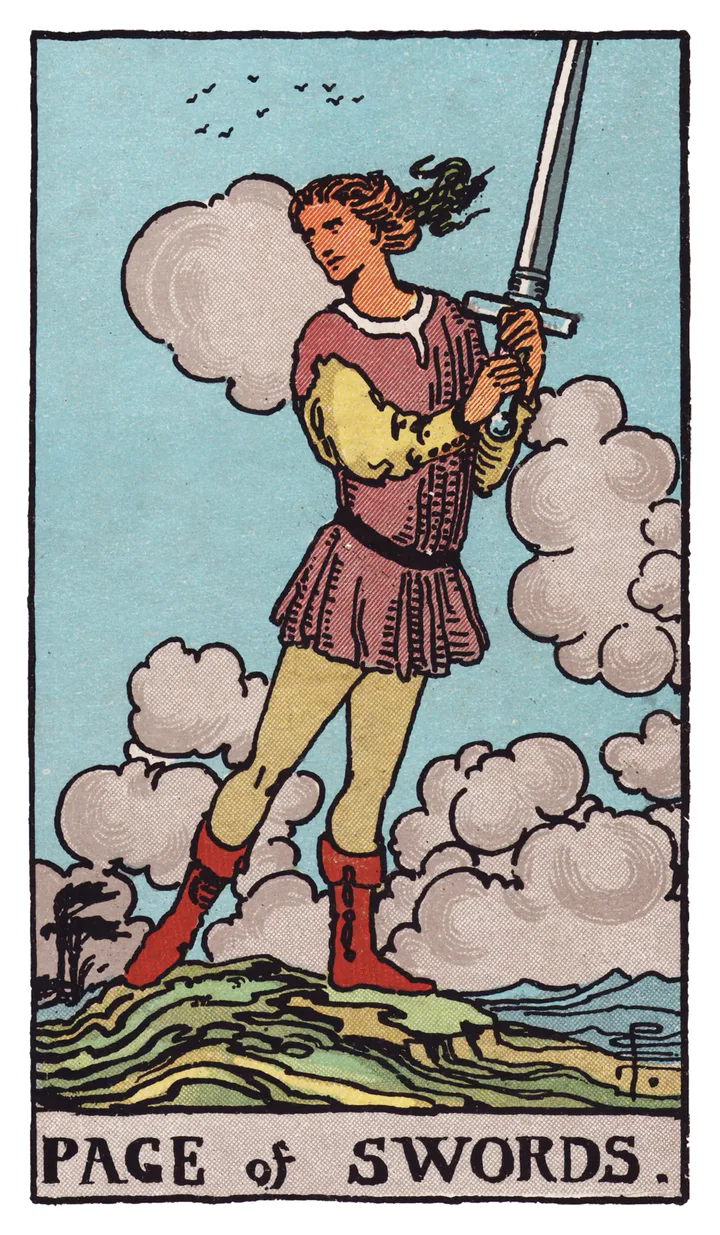 寶劍侍從：風中青年在快速雲層下舉劍，警覺望向遠方。