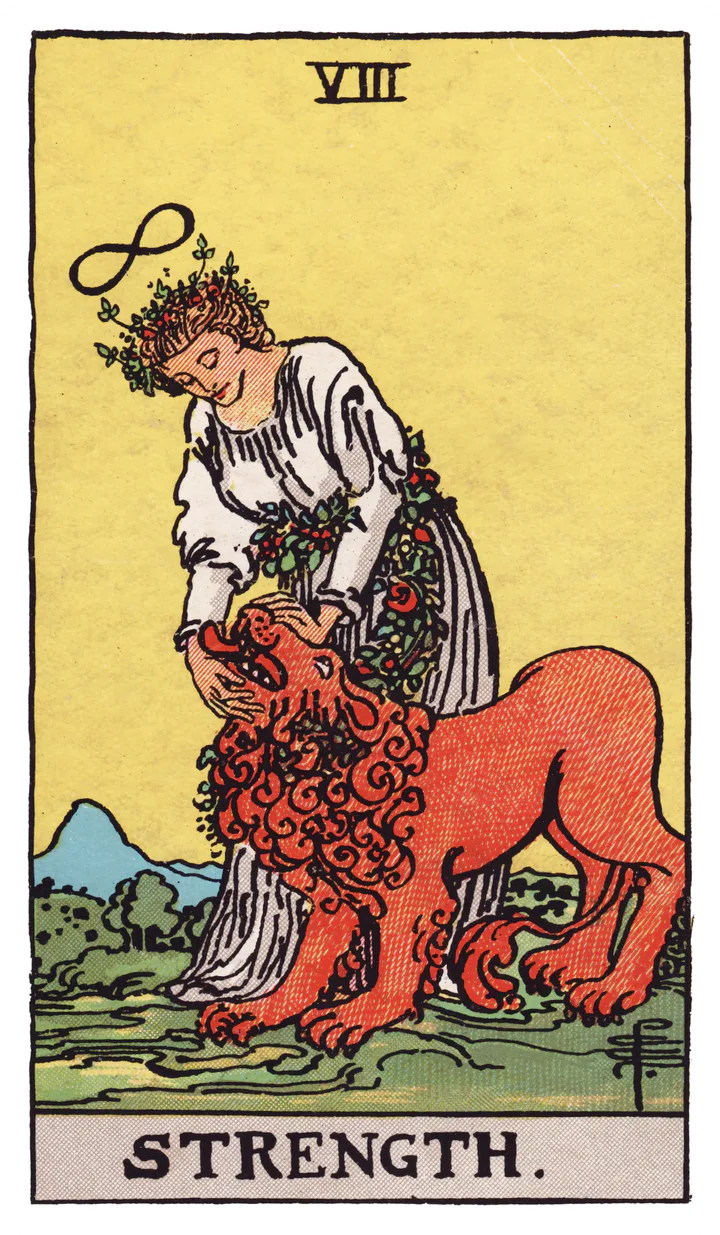 Strength: A calm woman closes a lion’s jaws beneath an infinity sign.