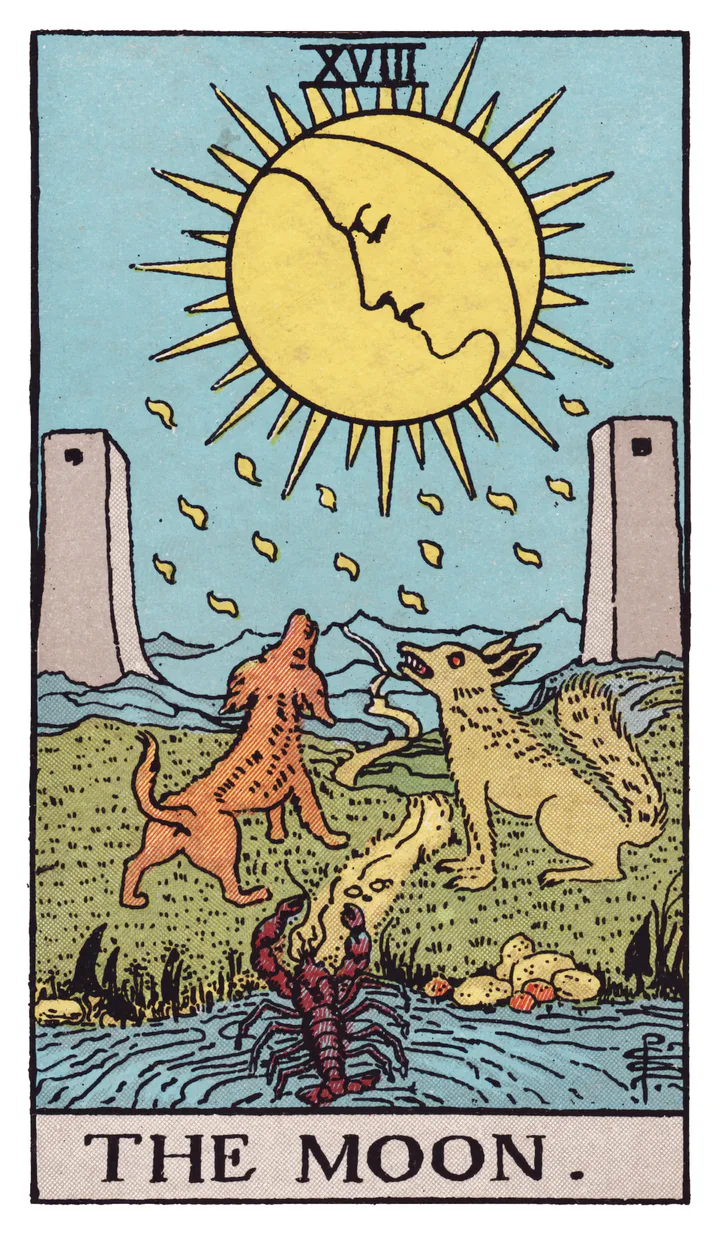 月：月が二つの塔の間にあり、曲がる道のそばに犬と狼、水から出る生き物がいます。