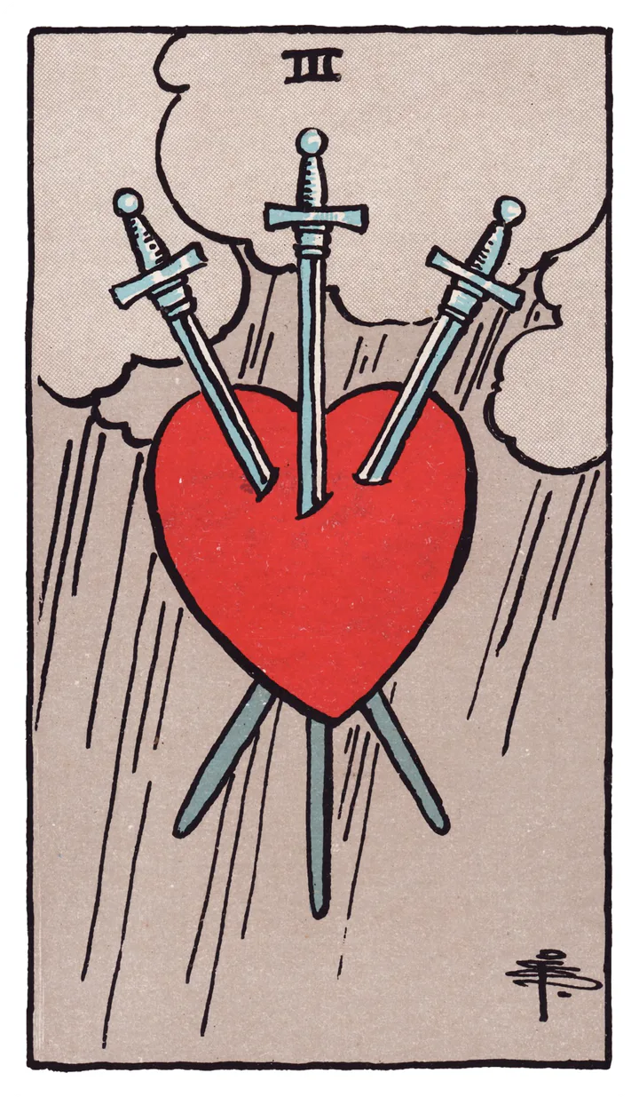 Three of Swords: A red heart is pierced by three swords beneath heavy rain clouds.